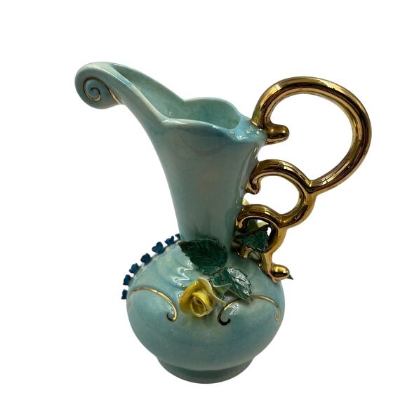 LEORA Vintage 8" Capodimonte Bud Vase W Handle Pitcher 3D Floral Gold Tone Decor - Picture 2 of 10